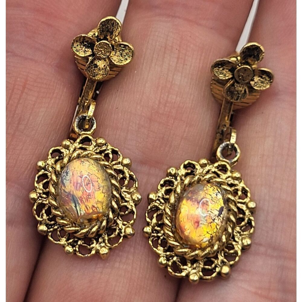 Vintage Marie Antoinette Opal Dangle Drop Earrings 1.25in Clip On